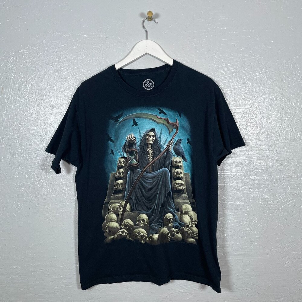 ODM Men L Black Grim Reaper Skull Throne Graphic T-Shirt Cotton Grunge Goth
